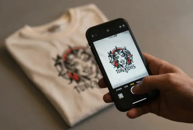 Person photographing a tattoo-print graphic t-shirt with a phone to check if it is real or fake