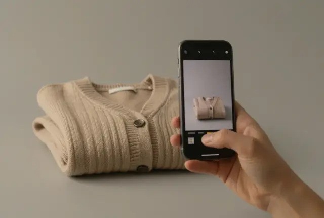 Person photographing a folded knit cardigan with a phone to check if it is real or fake
